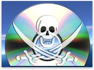 Skull and crossed swords on a CD representing piracy.